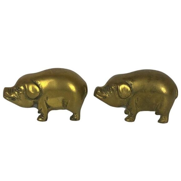 Solid Brass Mini Pig Hog Figurines Set Of 2 Gold Patina Farm Animal Vtg Korea - Picture 5 of 7